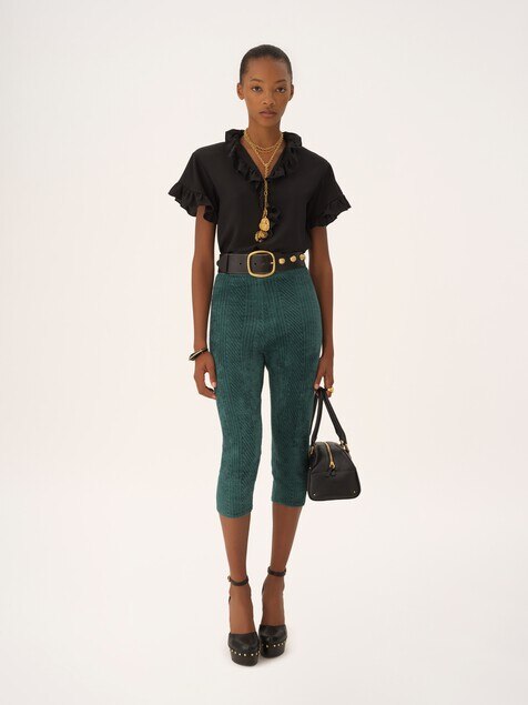 Short-sleeve ruffled top in cr&ecirc;pe de chine