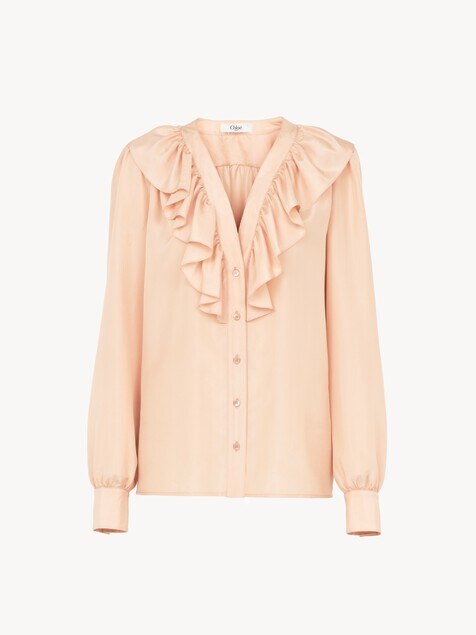 V-neck ruffled blouse in silk habotai