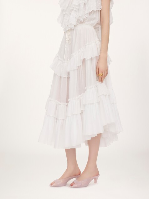 Layered ruffled midi skirt in cotton voile