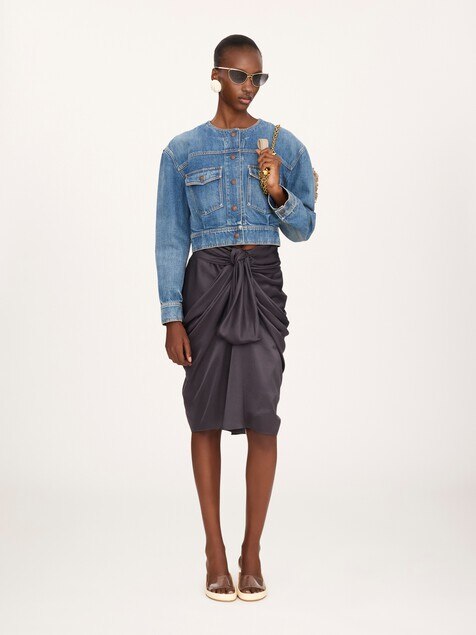 Knee-length wrap skirt in washed silk satin