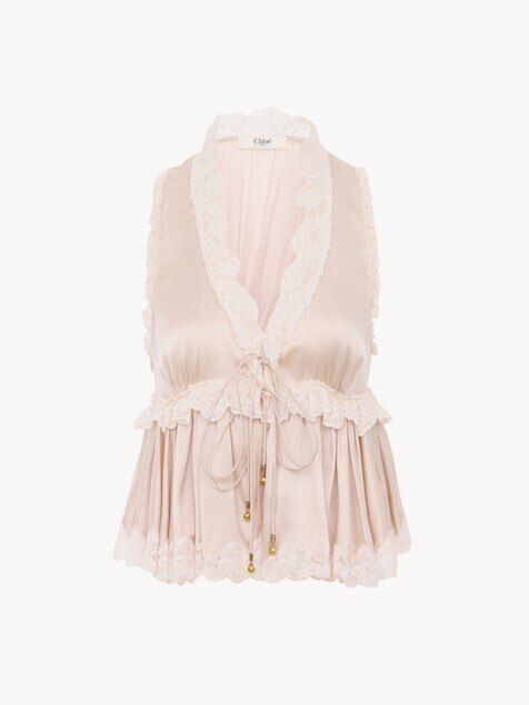 Tie-front sleeveless top in washed silk satin & lace