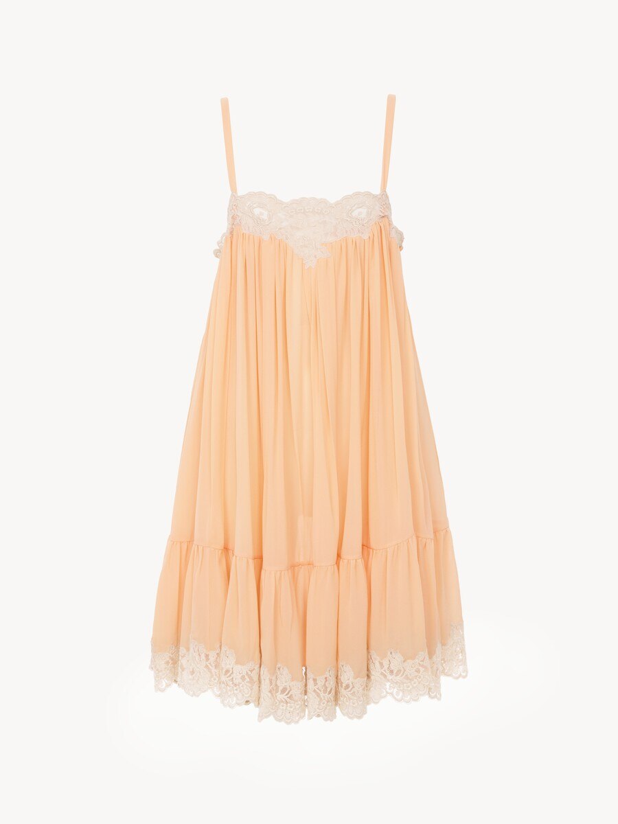 Thin-strap mini dress in silk georgette & lace - 1