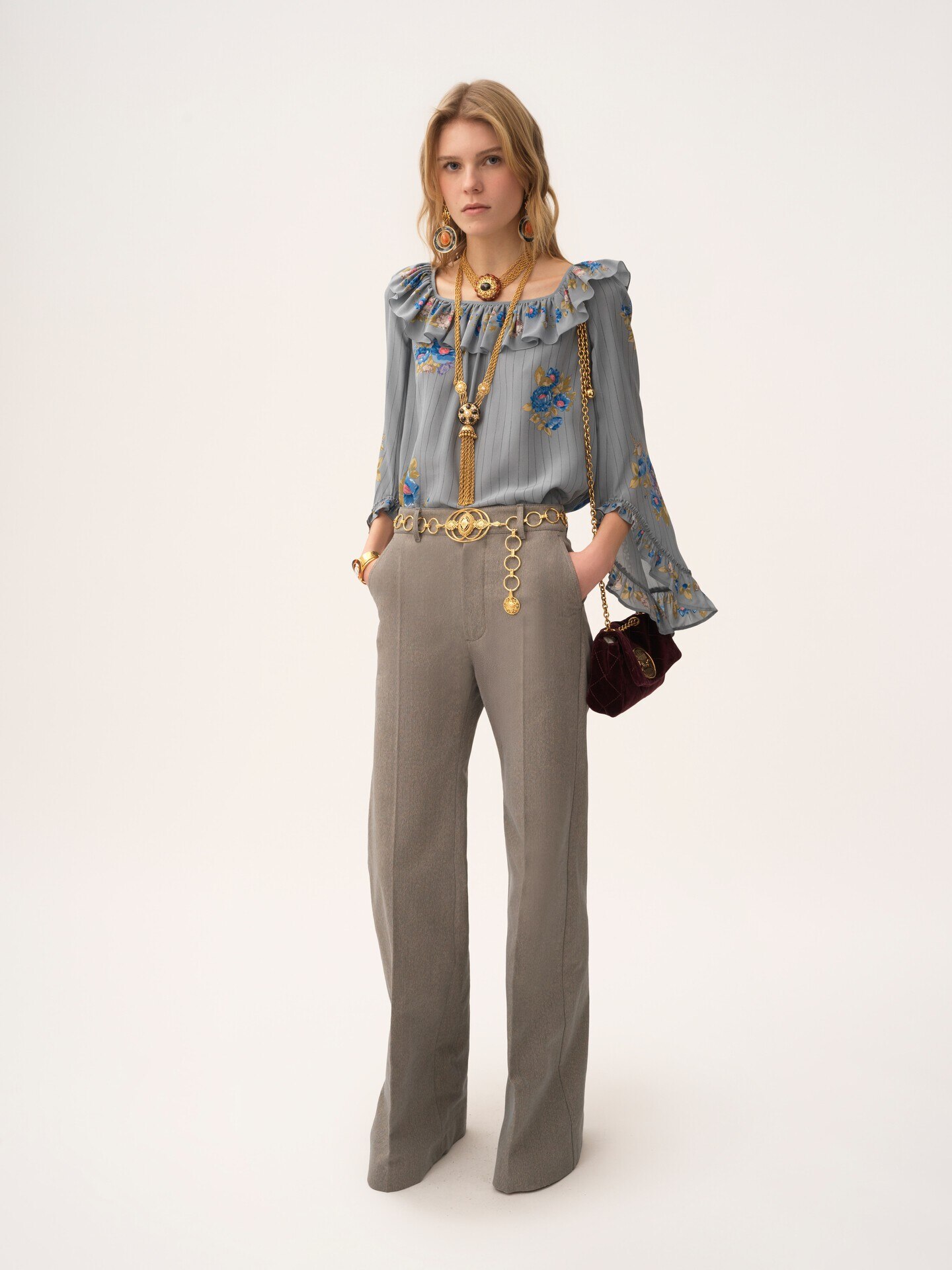 Square-neck ruffle top in crêpe de chine - 3