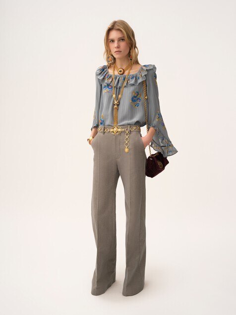 Square-neck ruffle top in crêpe de chine