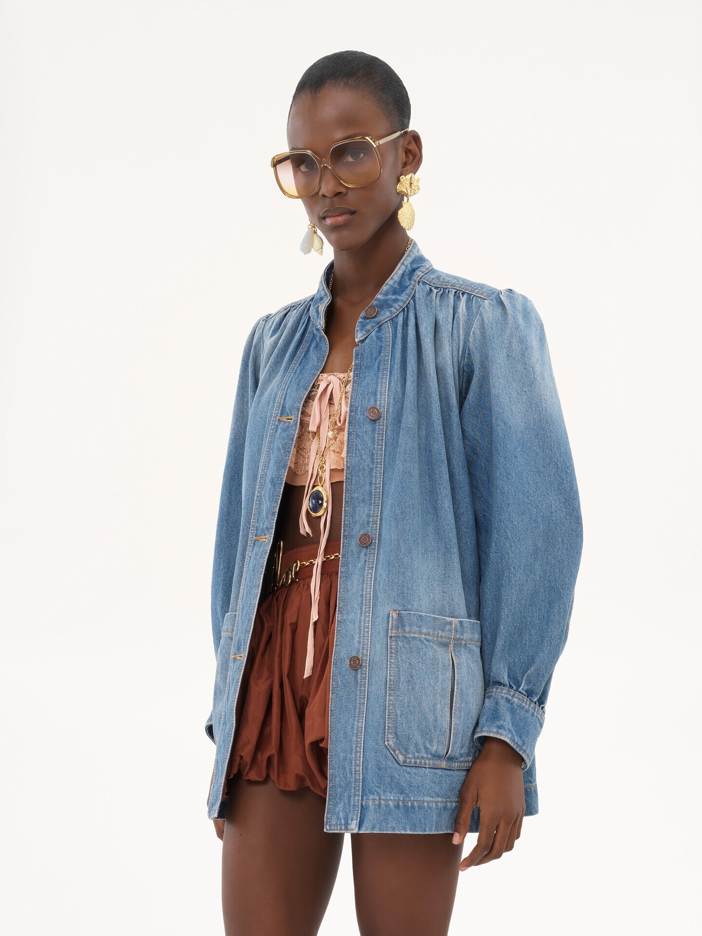 High-neck gathered jacket in denim - 4