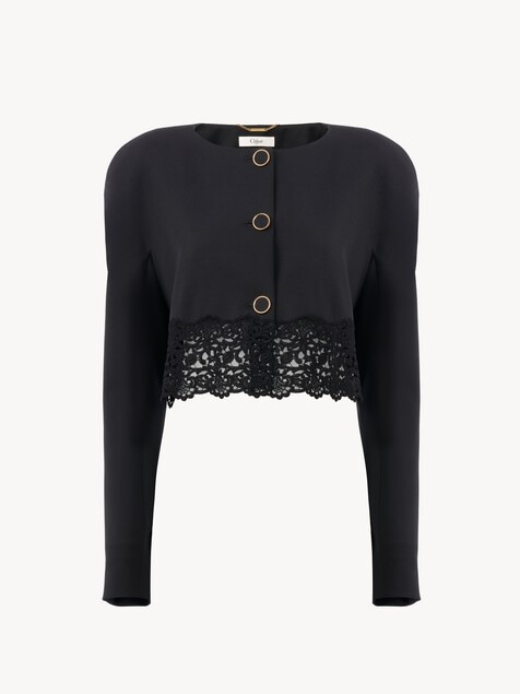 Collarless cropped jacket in wool grain de poudre & lace