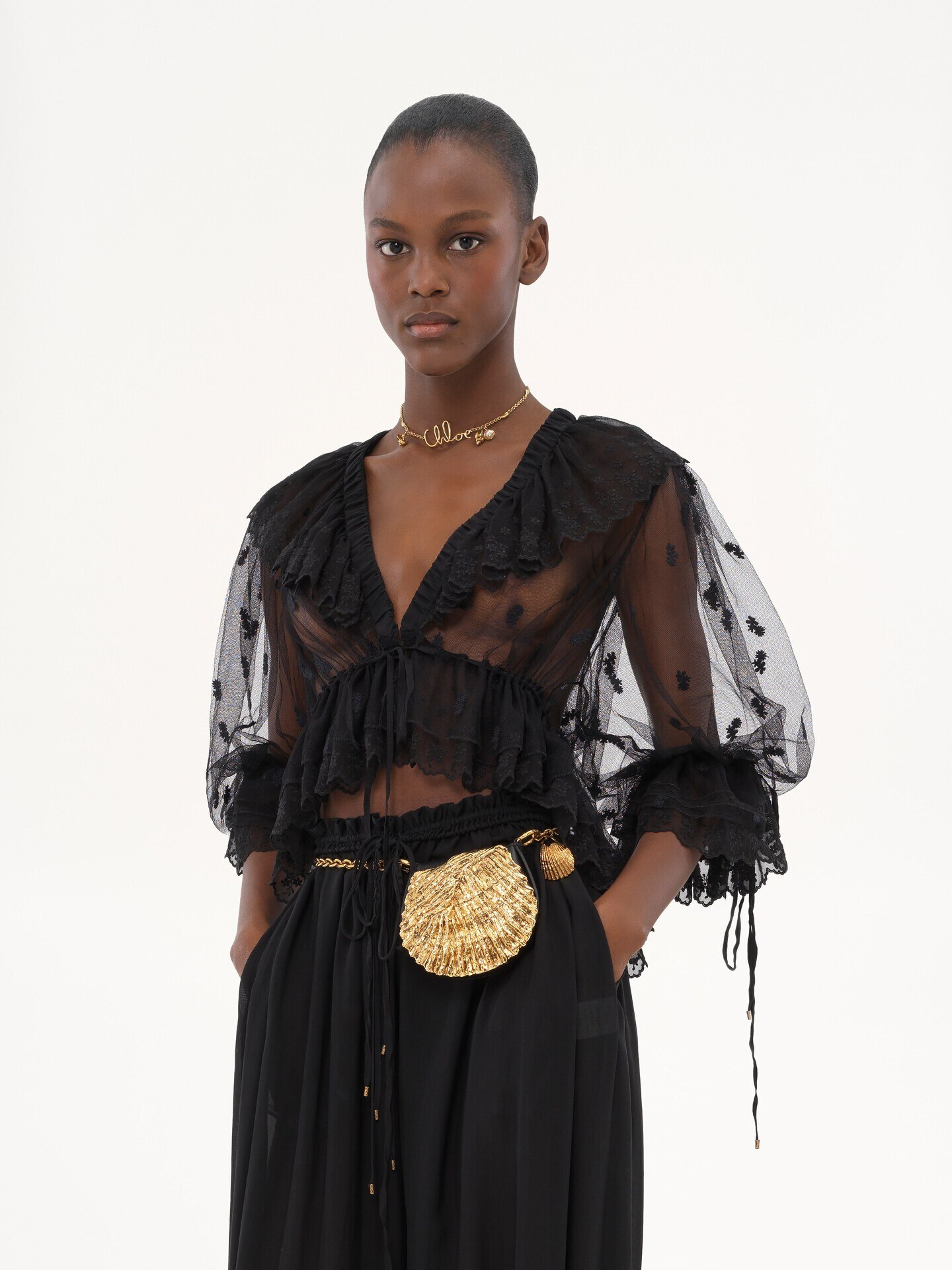 V-neck ruffle top in embroidered lace - 5