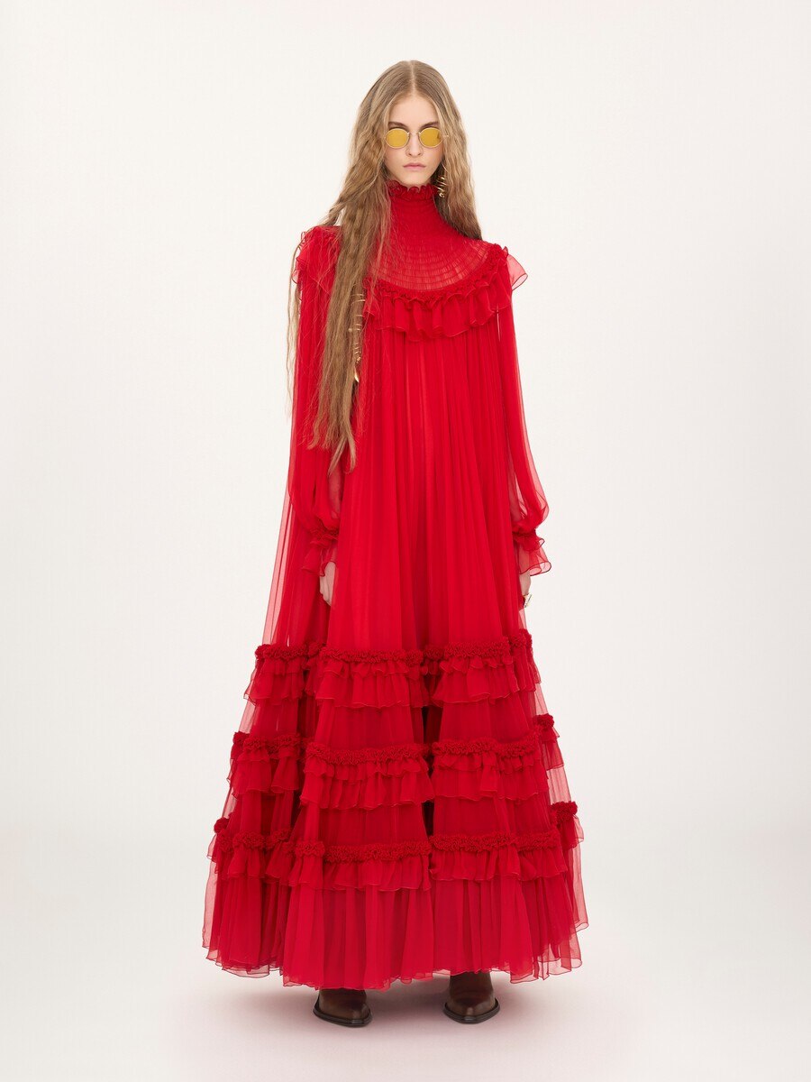 High-neck ruffled long dress in silk mousseline - 3