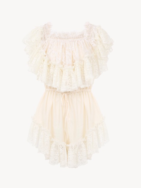 Off-the-shoulder mini jumpsuit in washed silk satin & lace