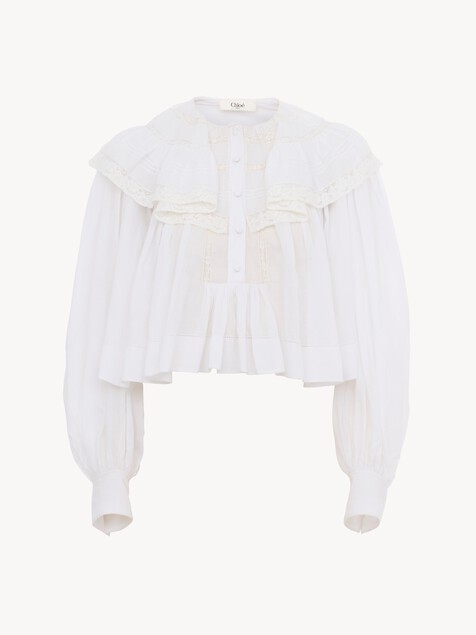 Cropped ruffle top in cotton voile & lace