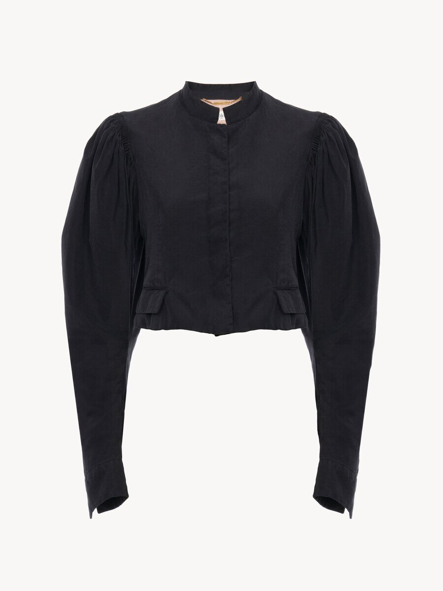 Puff-sleeve cropped jacket in silk faille - 1