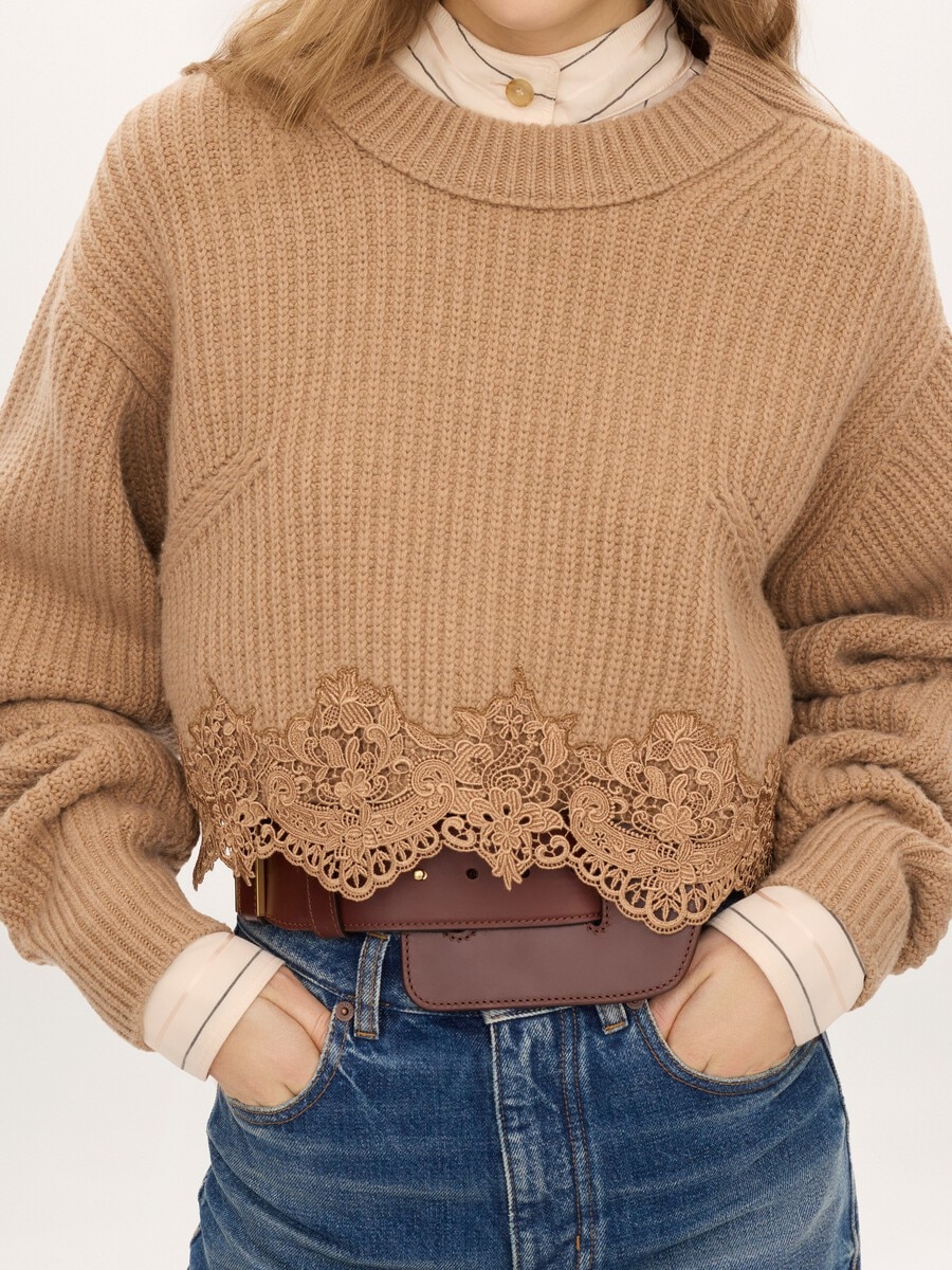 Cropped mock-neck sweater in a wool and cashmere knit & lace - 8