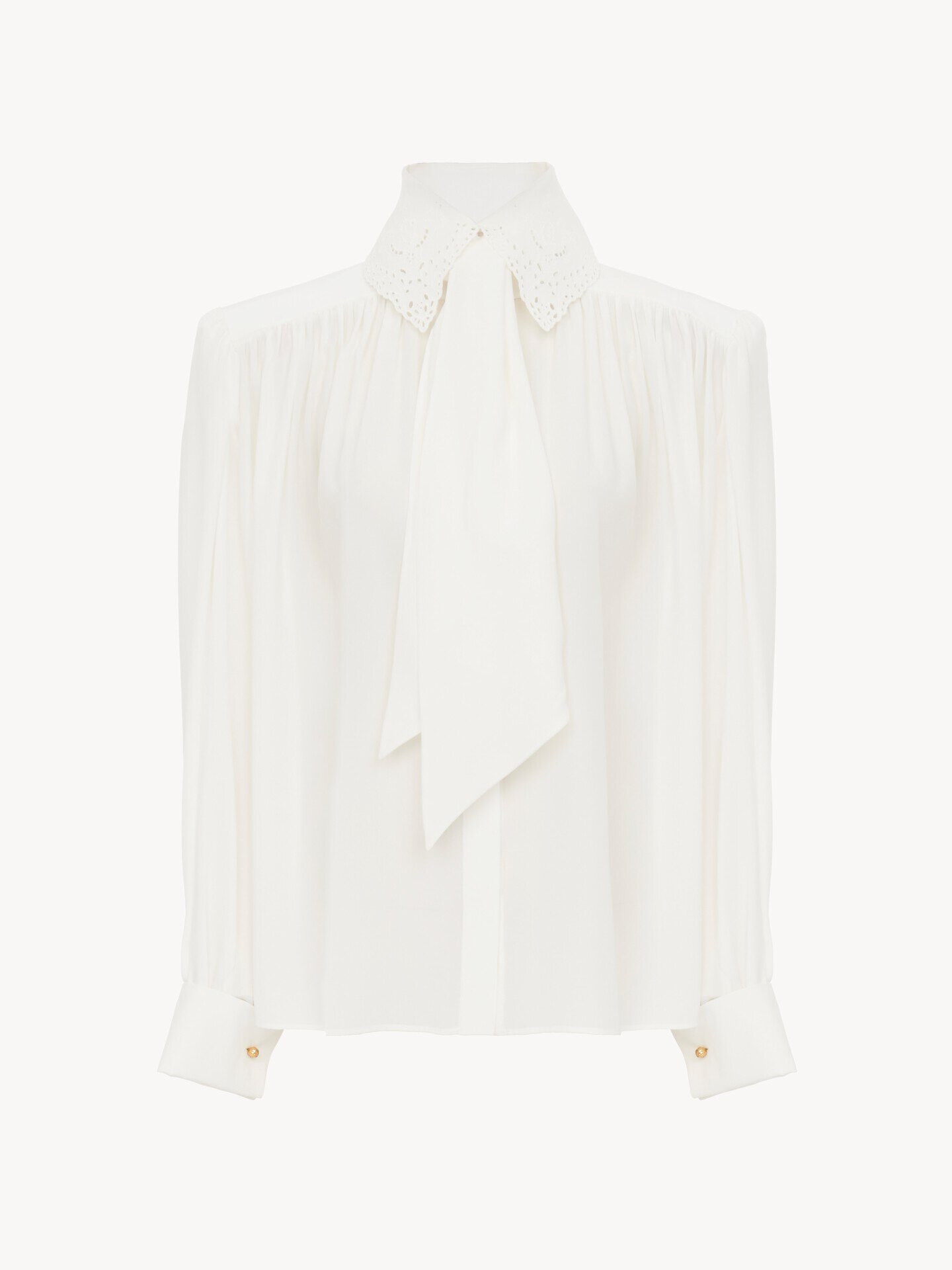 Gathered scarf-tie blouse in cr&ecirc;pe de chine & lace - 2