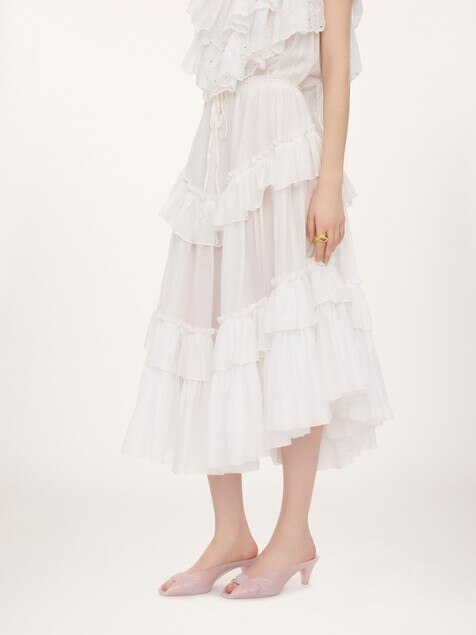 Layered ruffled midi skirt in cotton voile