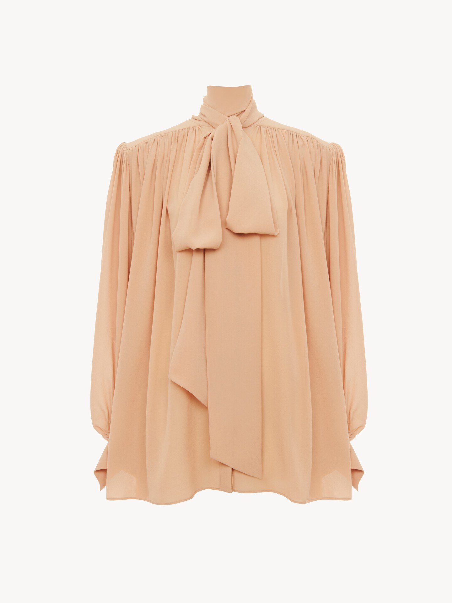 Oversized gathered lavallière blouse in crêpe de chine - 1