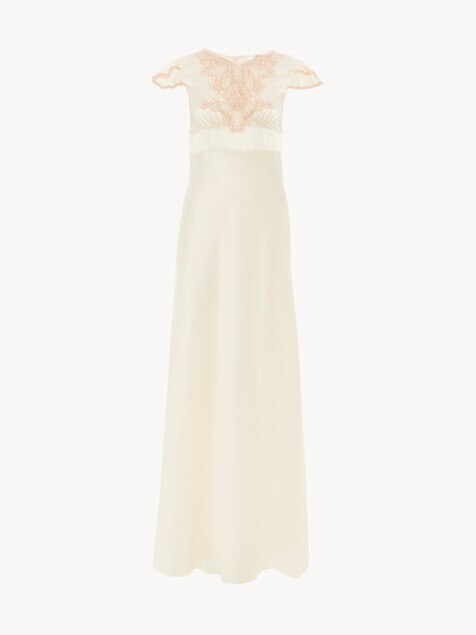 Cap-sleeve column dress in washed silk satin & lace