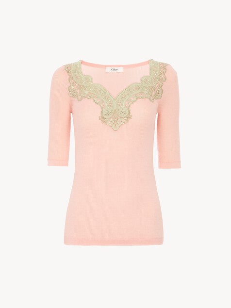Jersey de manga al codo ajustado de punto de lana y encaje