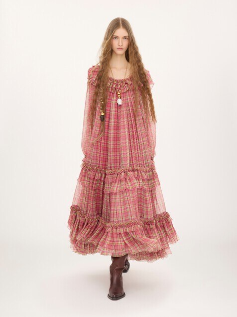 Vestido midi de cuello cuadrado de muselina de seda de cuadros