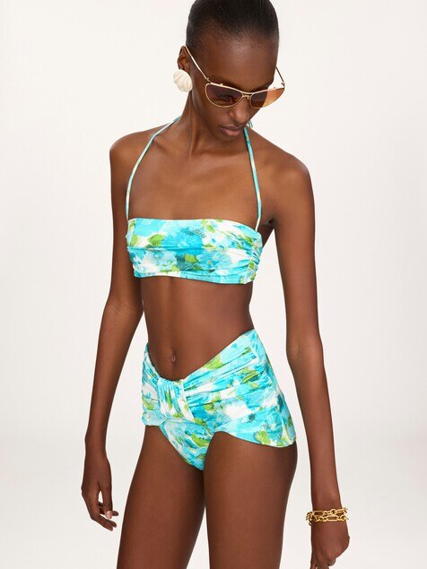 Aqua flower-print mid-rise draped bikini bottoms