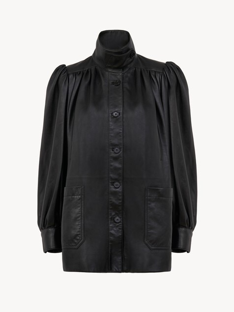 High-neck gathered coat in leather