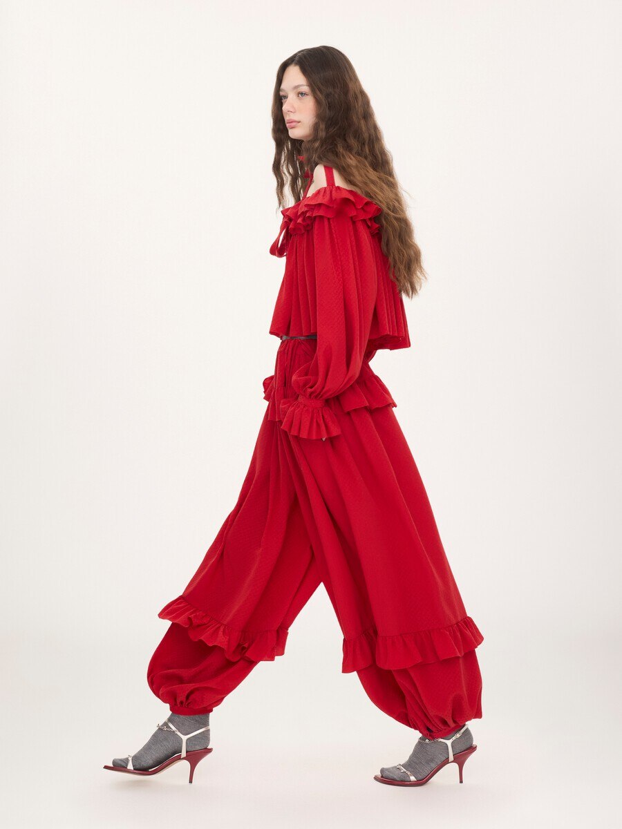 Fluid ruffled pants in silk jacquard - 8