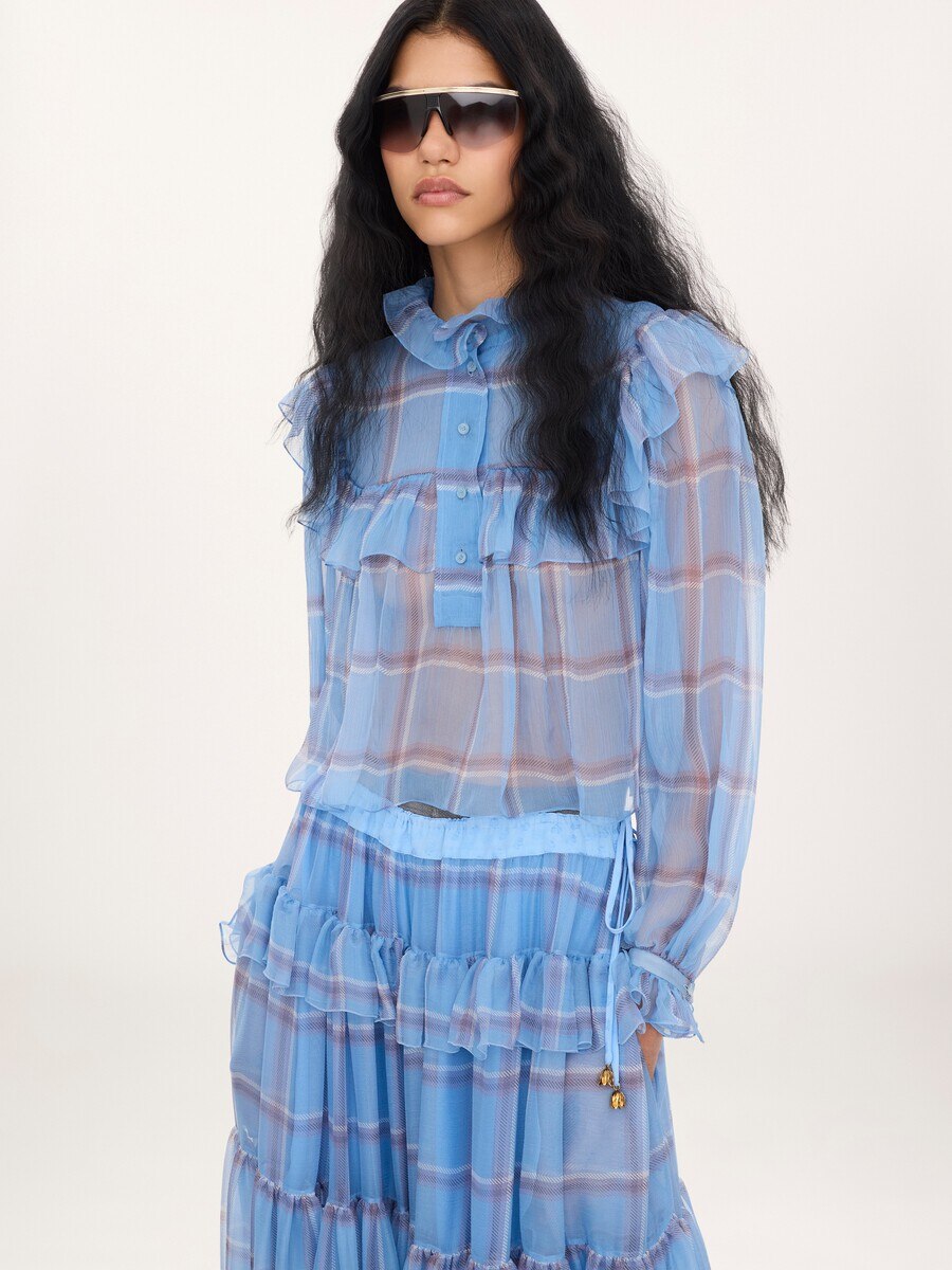 Ruffled top in check silk mousseline - 6