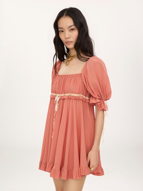 Puff-sleeve mini dress in silk georgette