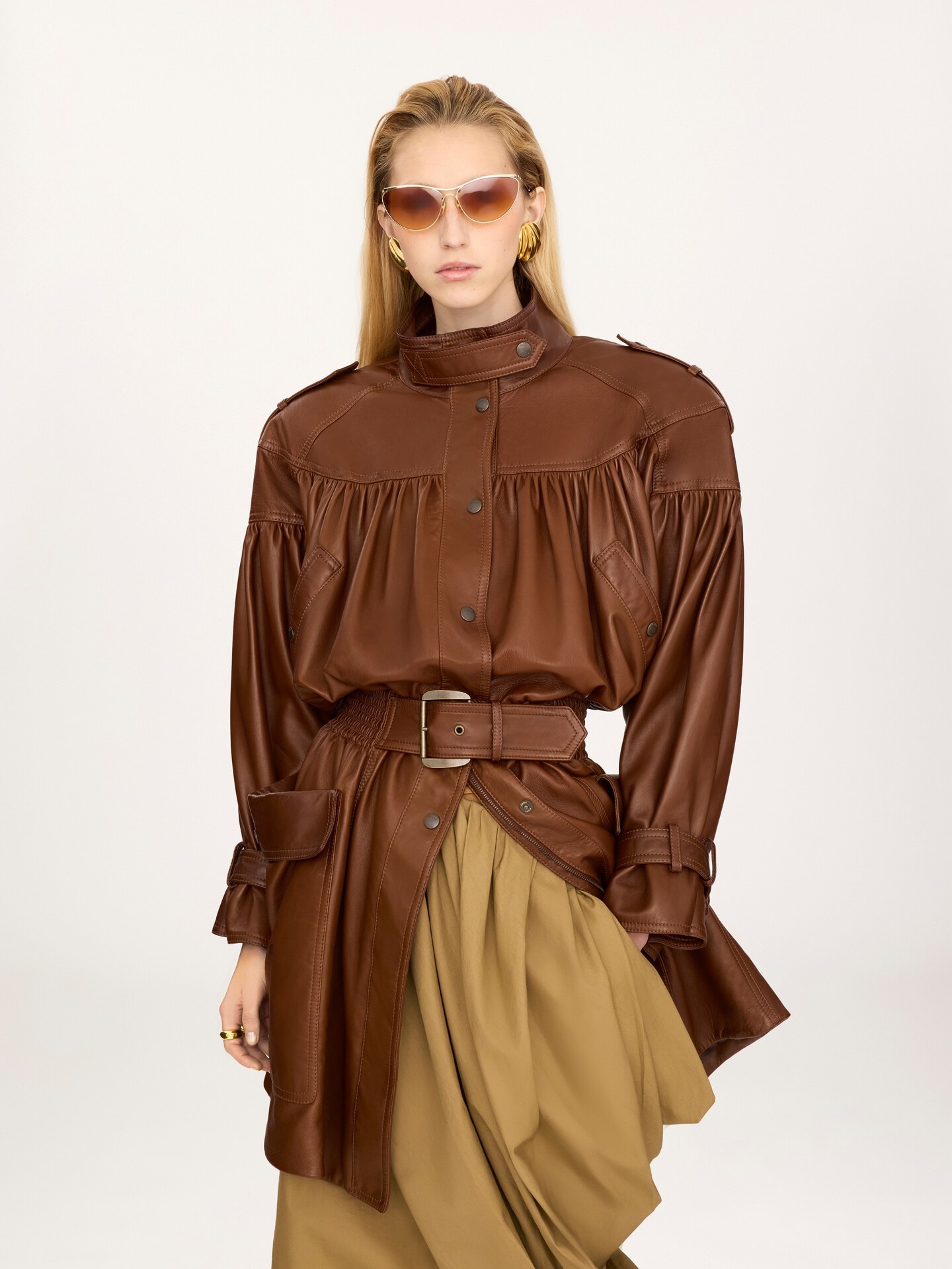 High-neck puff-sleeve leather coat - 3