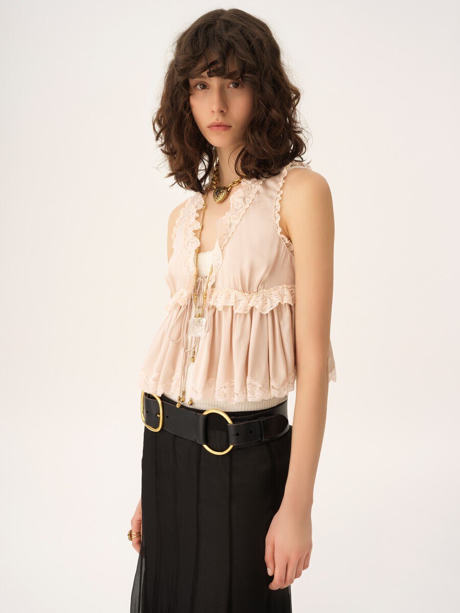 Tie-front sleeveless top in washed silk satin & lace - 4