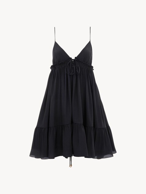 Thin-strap gathered mini dress in cr&ecirc;pe de chine