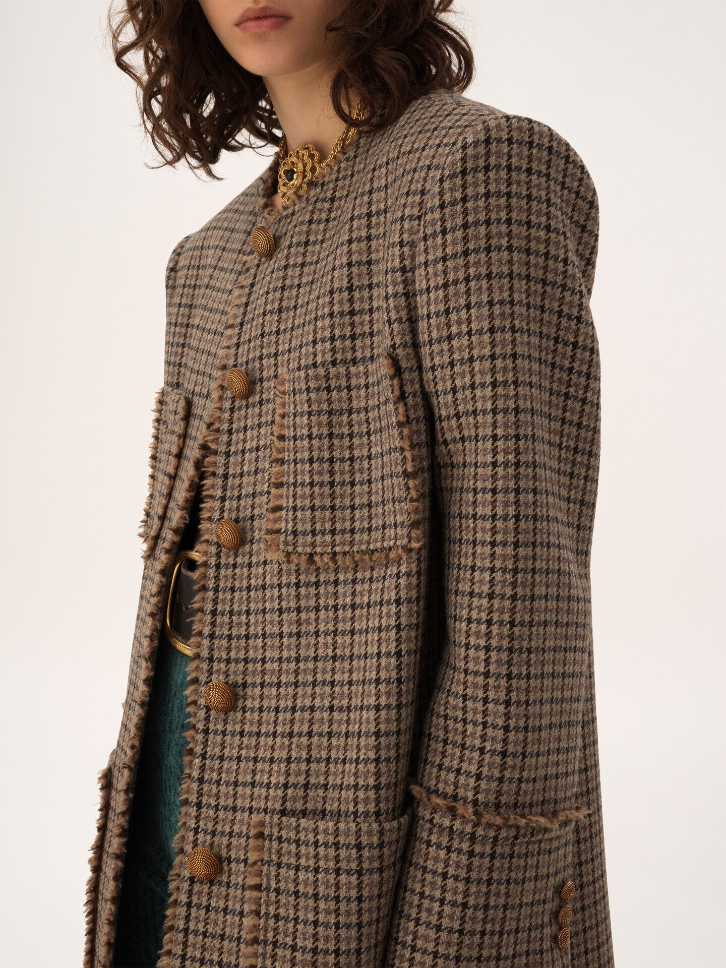 Single-breasted collarless coat in houndstooth wool - 7