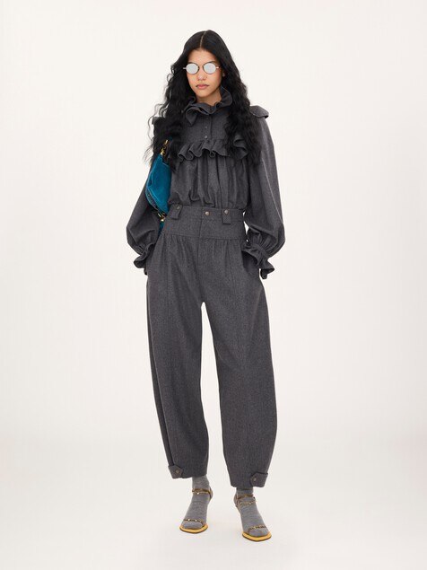 Pantalones barrel de talle alto de franela de lana y cachemira
