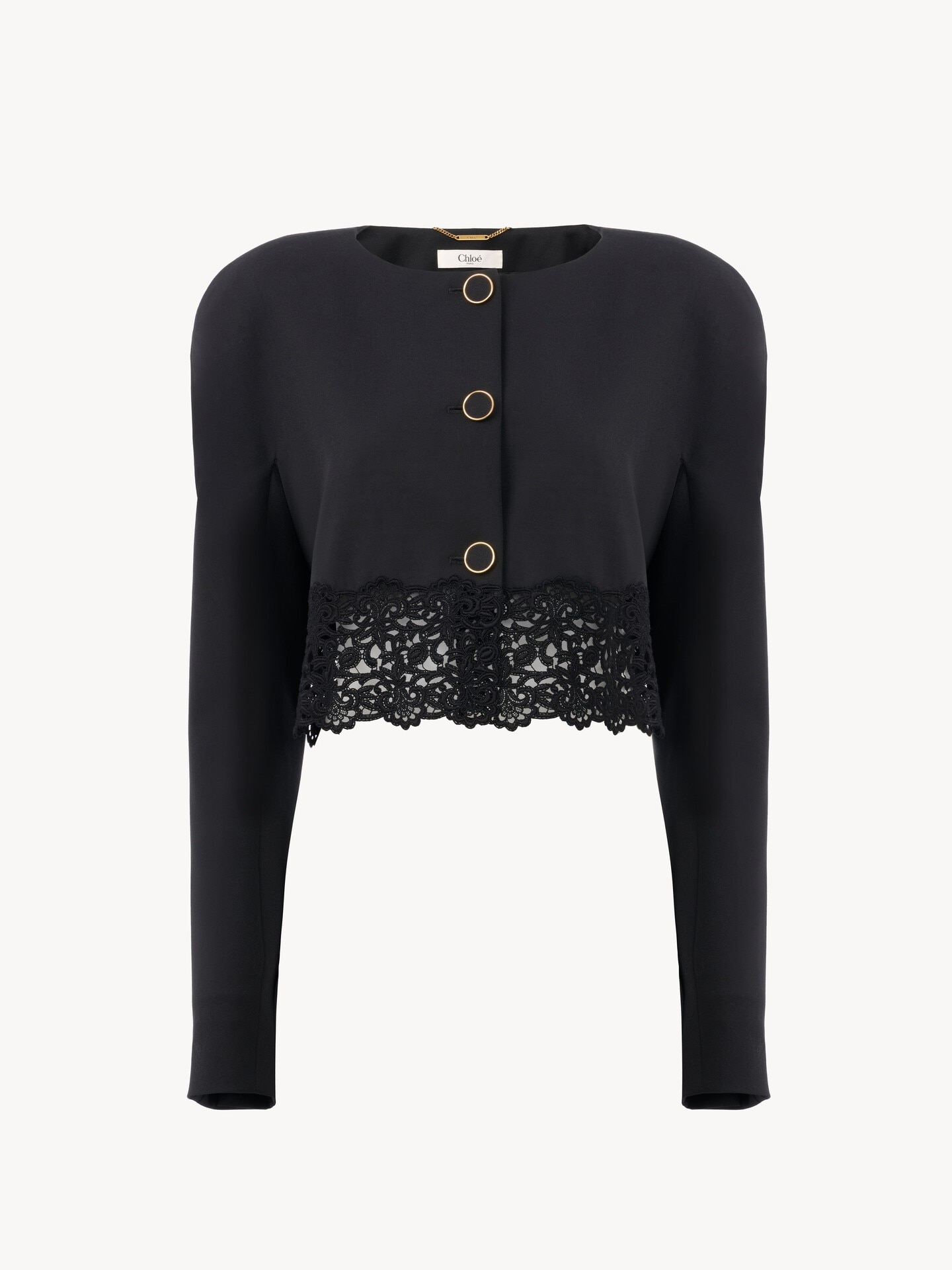 Collarless cropped jacket in wool grain de poudre & lace - 2