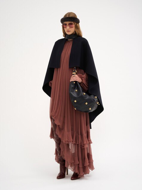 Gathered long dress in silk mousseline