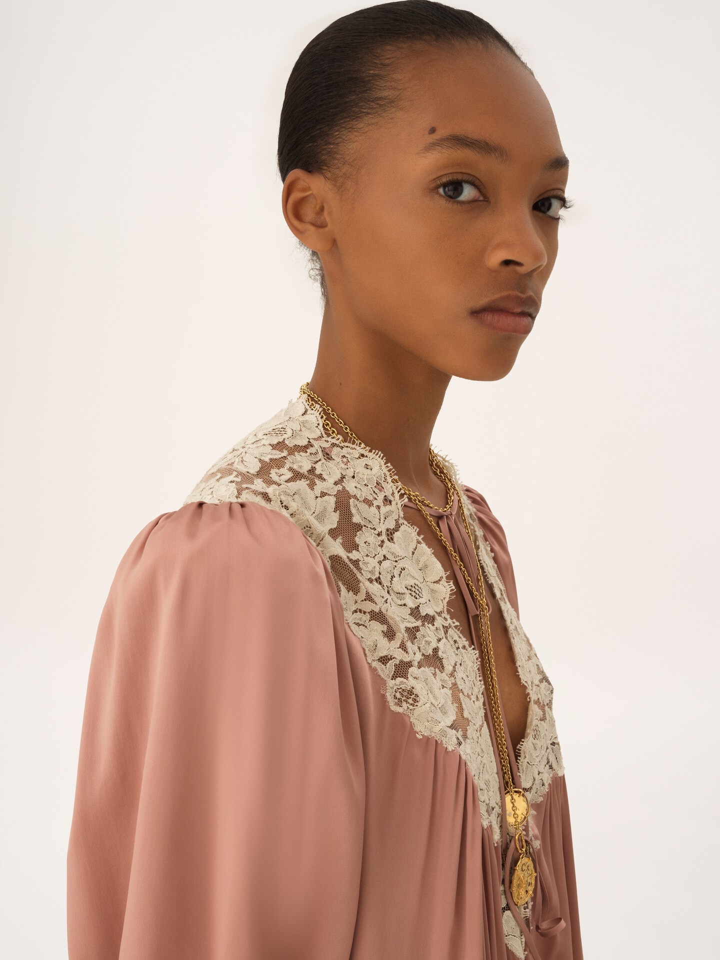 Gathered V-neck mini dress in washed silk satin & lace - 6