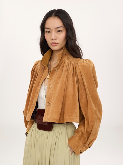 Gathered boule jacket in suede leather