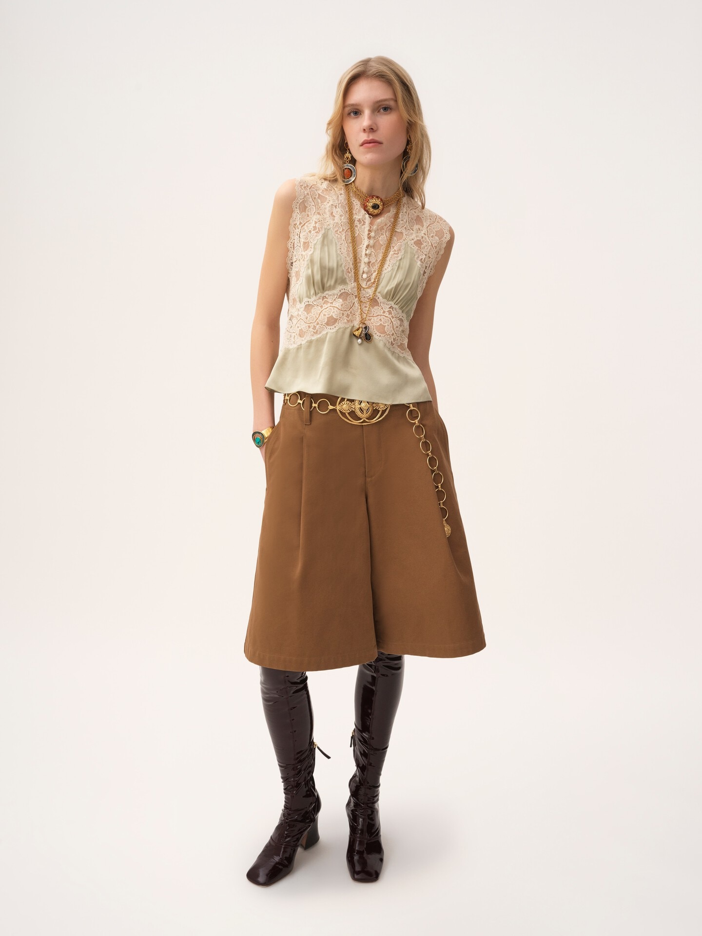 V-neck top in silk satin & lace - 3