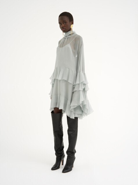 Mini ruffled dress in silk mousseline