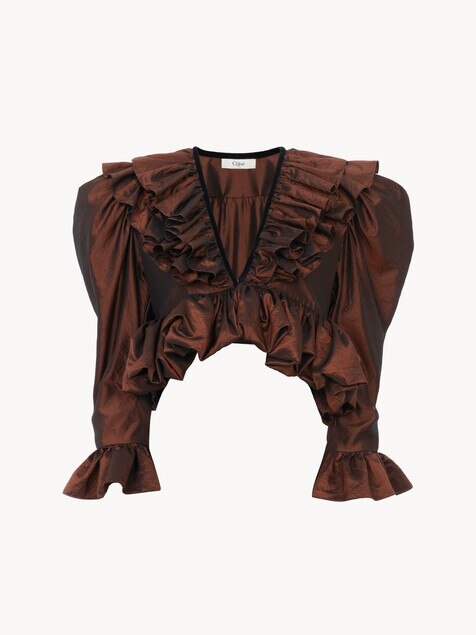 Cropped V-neck ruffle top in washed silk taffeta
