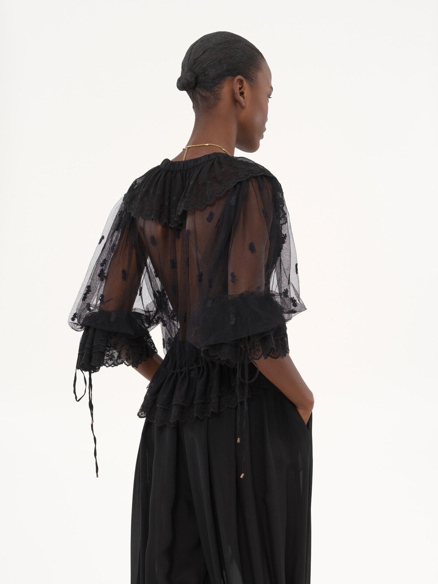 V-neck ruffle top in embroidered lace - 7