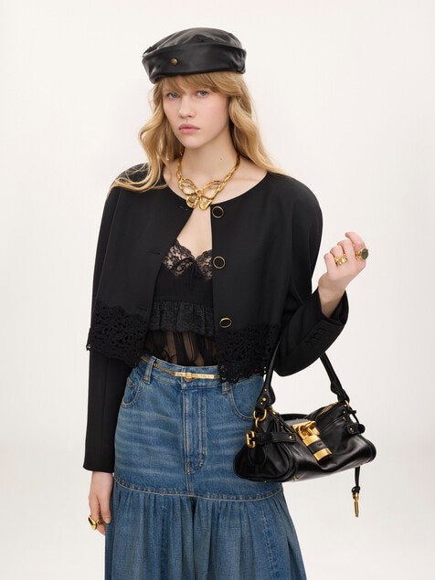 Collarless cropped jacket in wool grain de poudre & lace