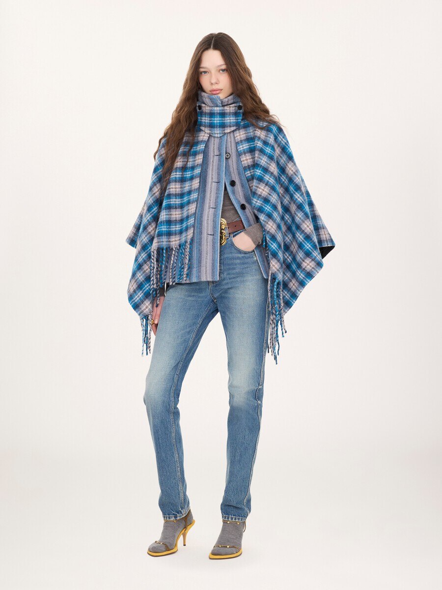 High-neck short cape coat in check wool & alpaca - 3