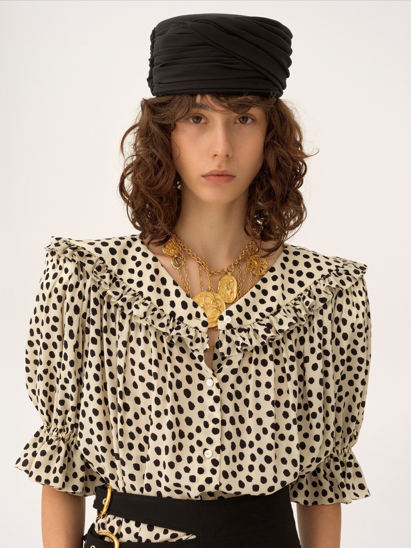 Puff-sleeve ruffled top in cr&ecirc;pe de chine - 8