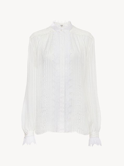 Gathered blouse in silk mousseline & lace