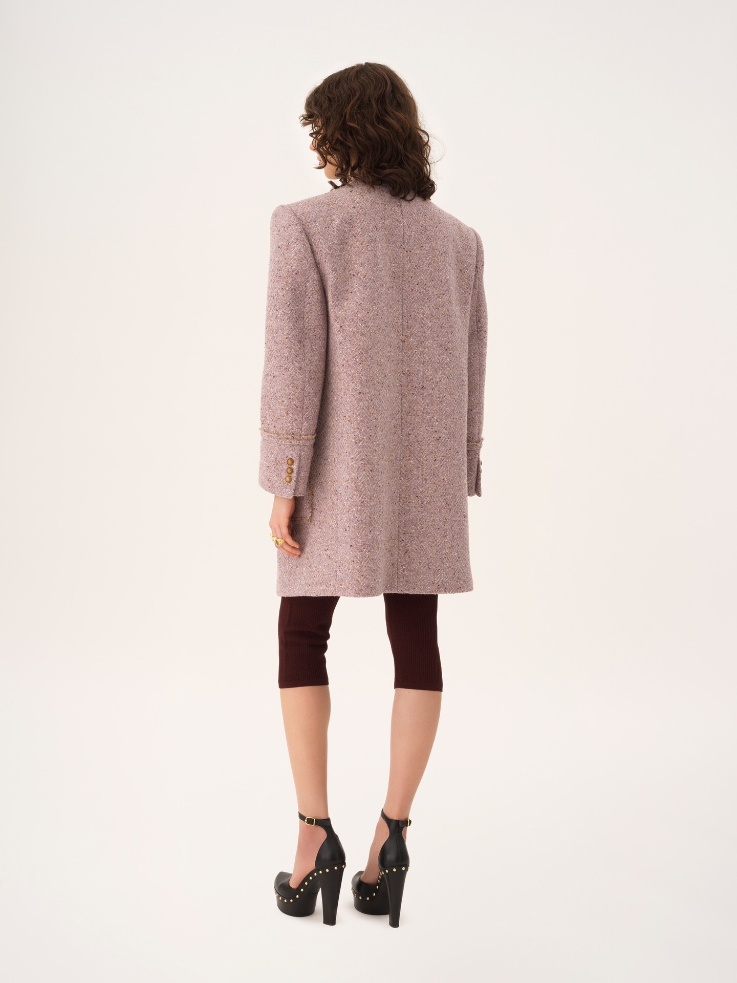 Single-breasted collarless coat in chiné wool tweed - 6