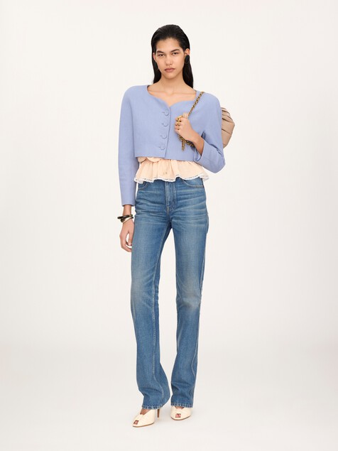 Cropped collarless jacket in linen cr&ecirc;pe
