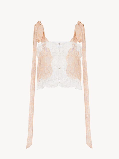 Knotted-strap cropped top in silk charmeuse & lace