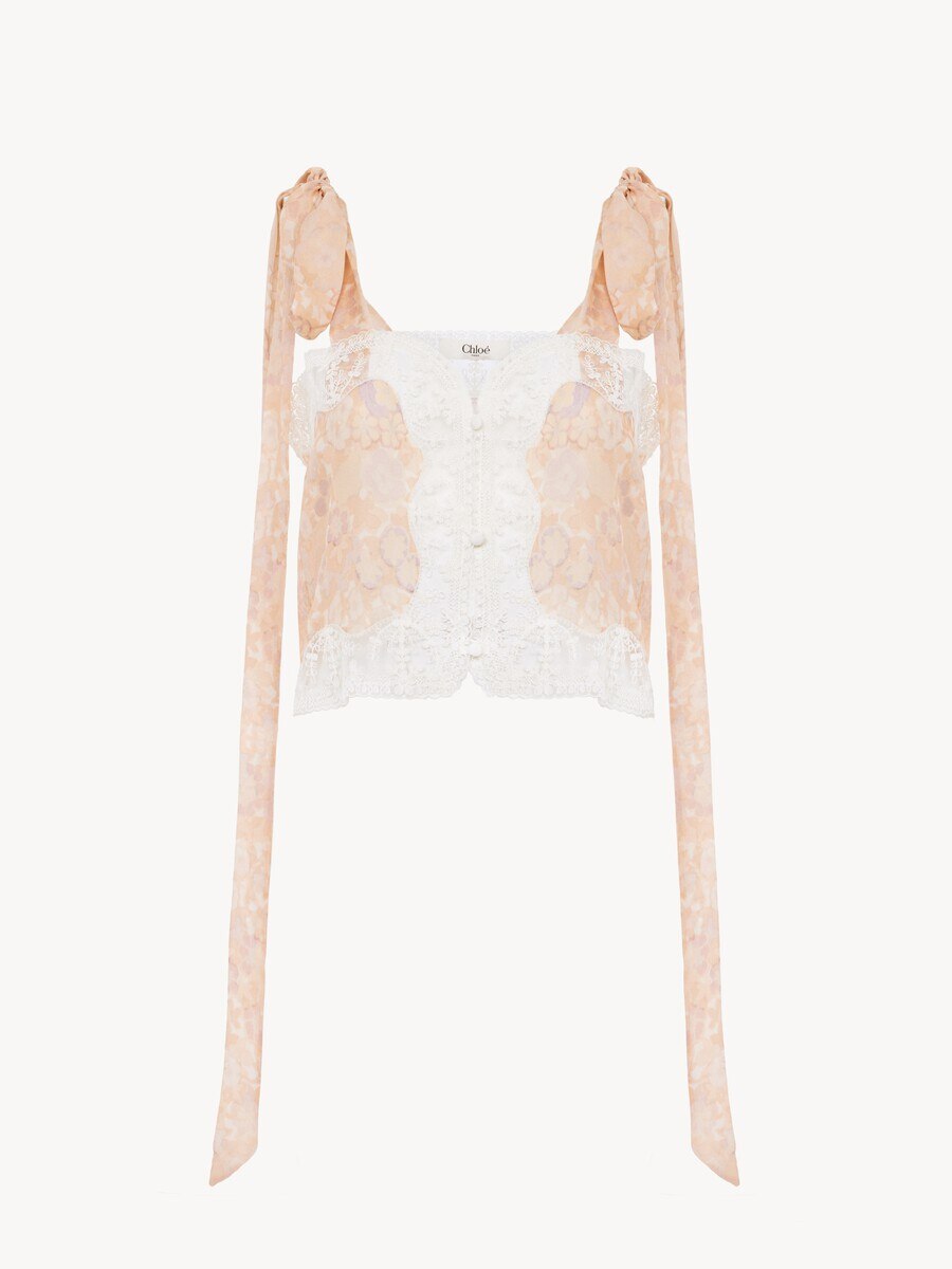 Knotted-strap cropped top in silk charmeuse & lace - 2