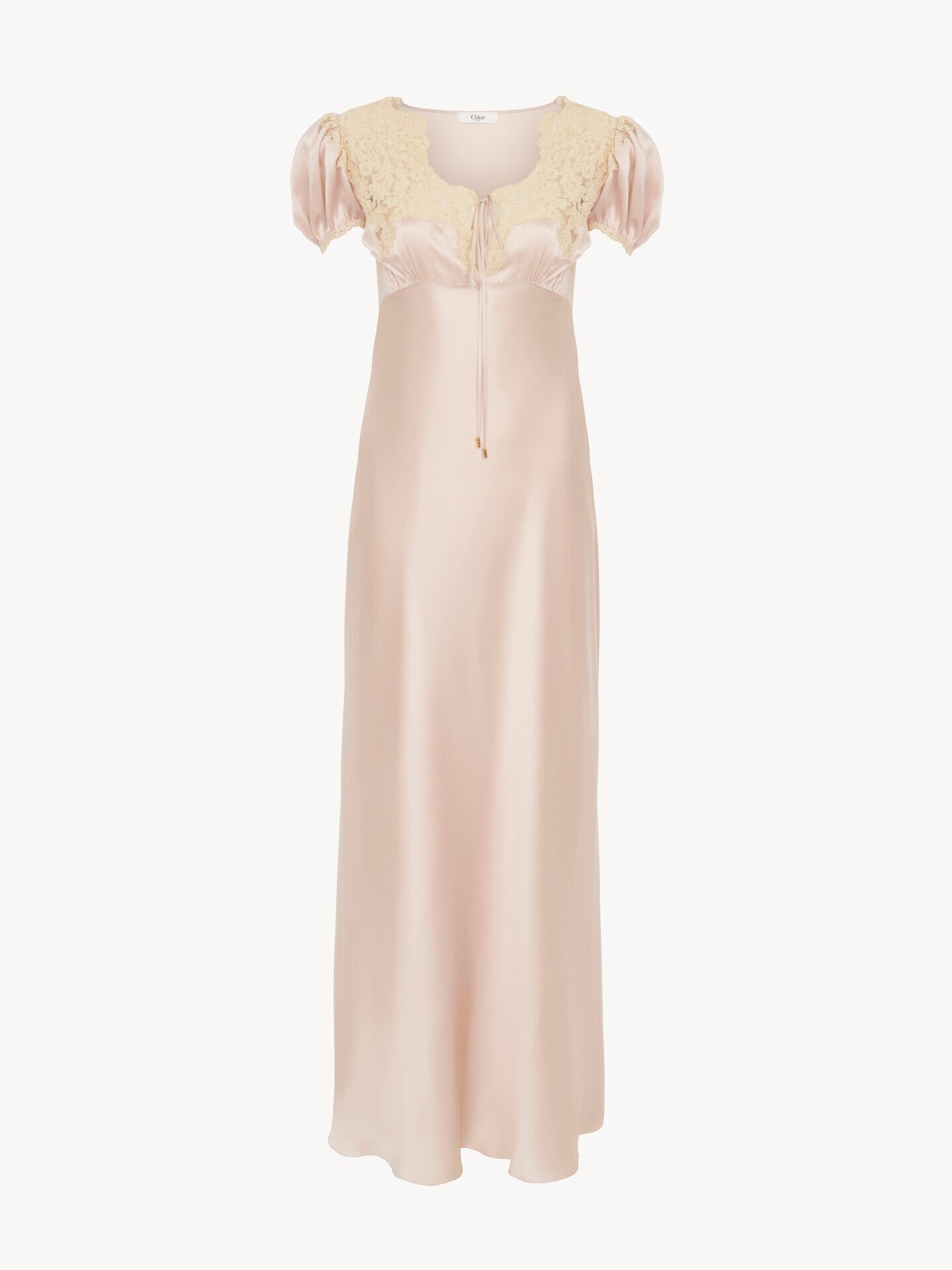 Puff-sleeve column dress in washed silk satin & lace - 2