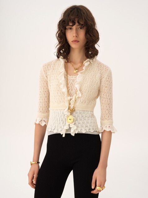 Jersey cropped con volantes de punto de lana de alpaca y seda
